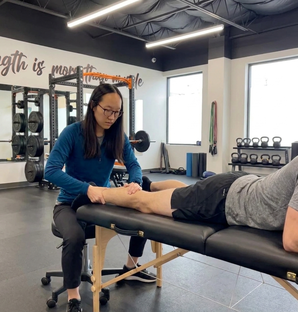 Patient receiving manual therapy on the lower leg at a running physical therapy clinic in Farmers Branch, TX