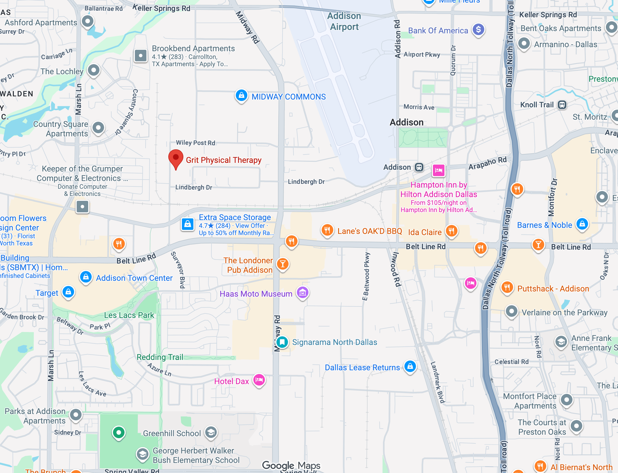 Map showing the location of Grit Physical Therapy at 1614 Surveyor Blvd, Carrollton, TX 75006